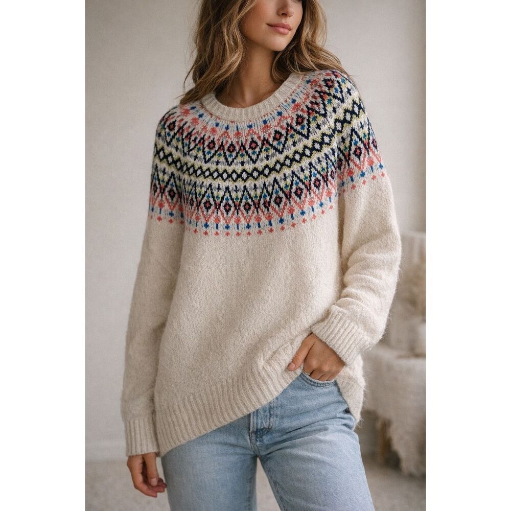 Aerie Fair Isle Sweater Women’s Large Cream Nordic Knit Cozy Winter Pullover